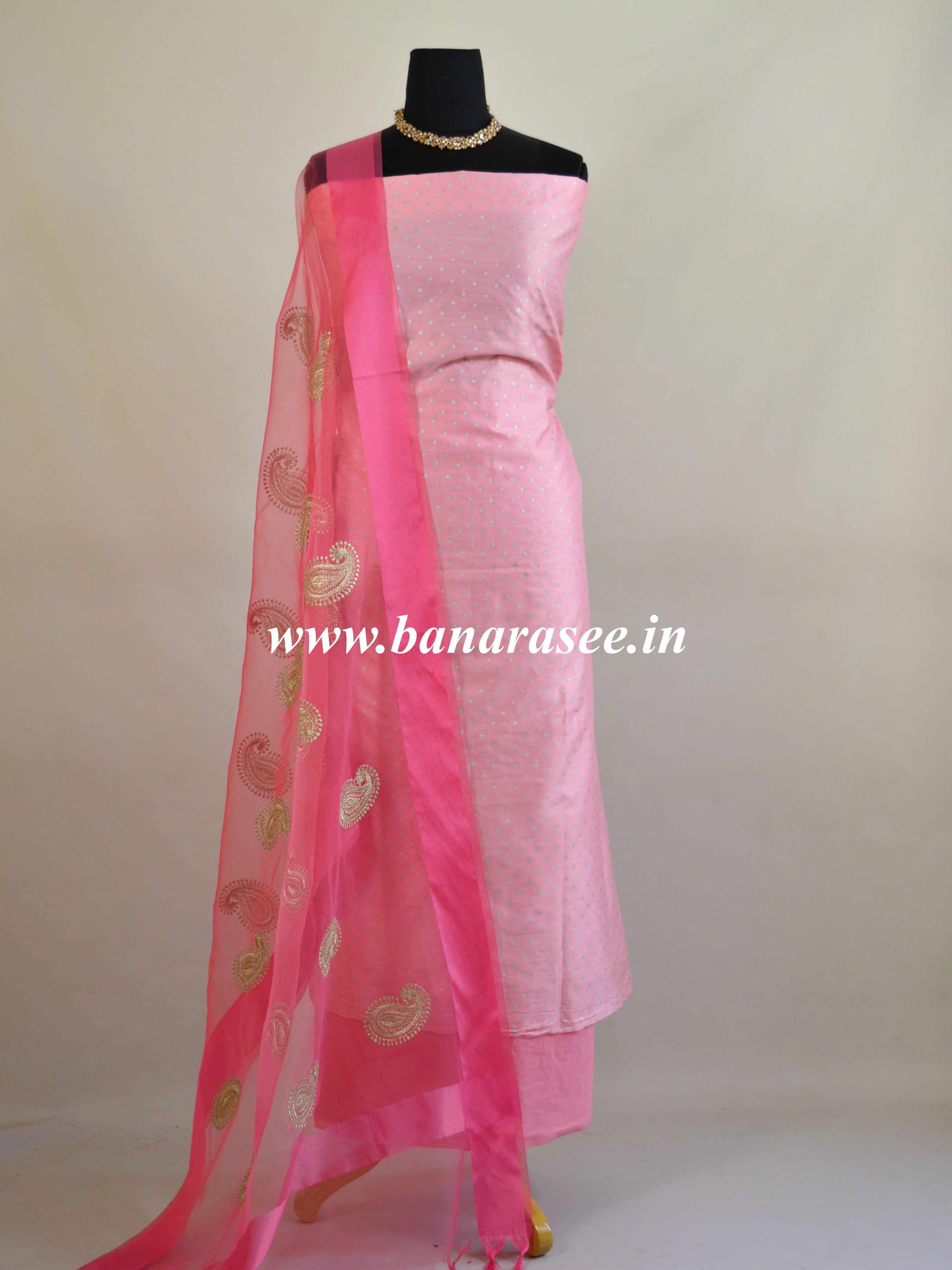 Banarasee Chanderi Salwar Kameez  Silver Buti Fabric With Organza Dupatta-Pink