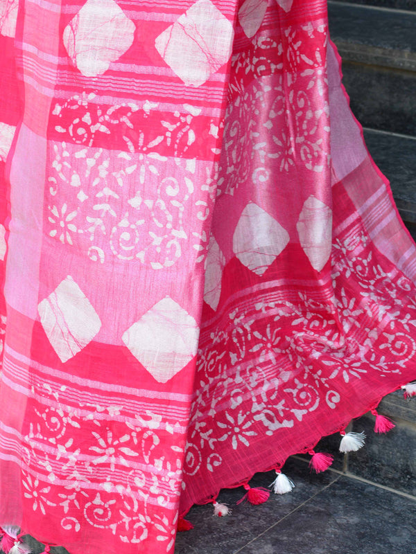 Bhagalpur Handloom Pure Linen Cotton Hand-Dyed Batik Pattern Saree-Red