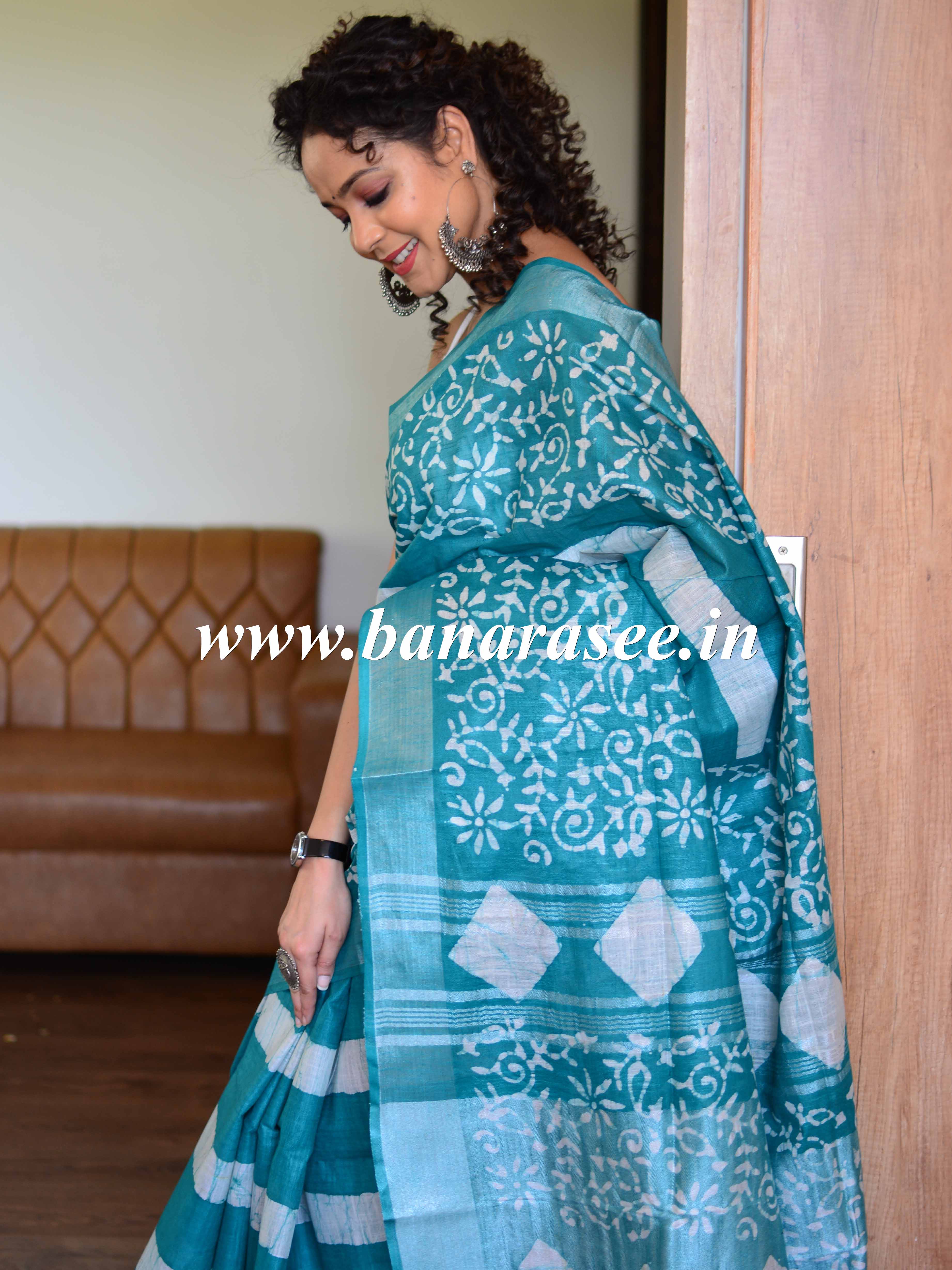 Bhagalpur Handloom Pure Linen Cotton Hand-Dyed Batik Pattern Saree-Green