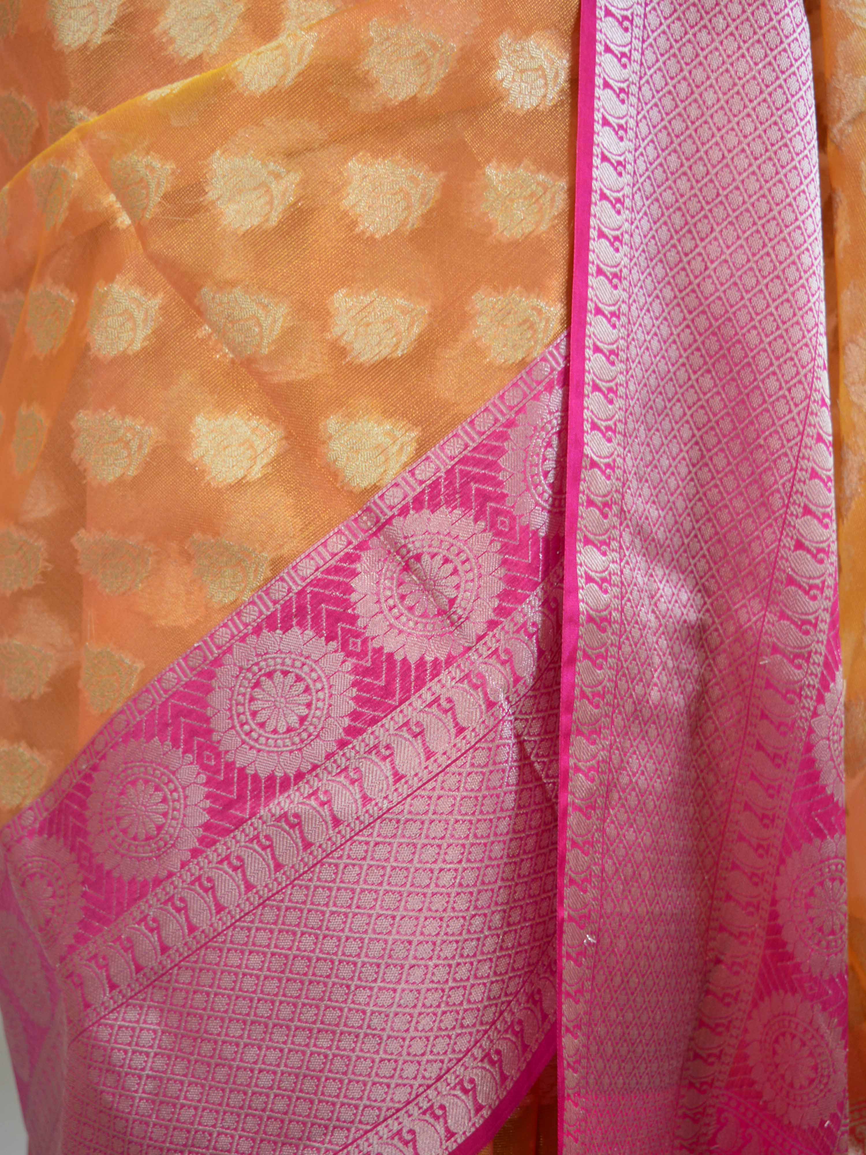 Banarasee Handwoven Broad Silver Border Tissue Saree-Peach