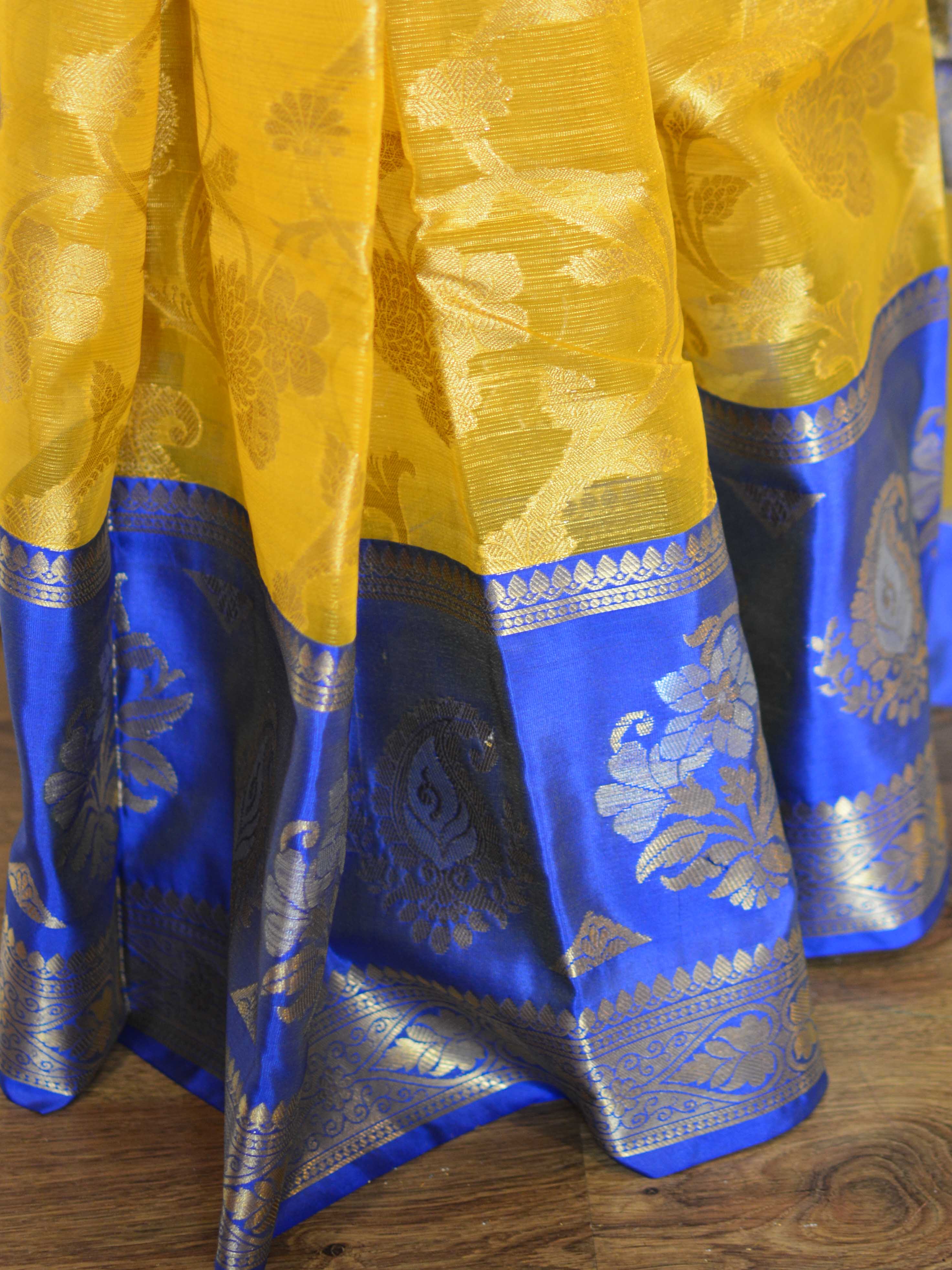 Banarasee Organza Tissue Mix Saree With Buta Design & Blue Satin Floral Border-Yellow