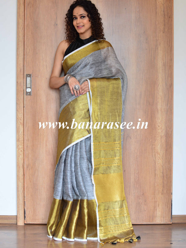 Banarasee Handloom Pure Linen Saree With Zari Border-Grey