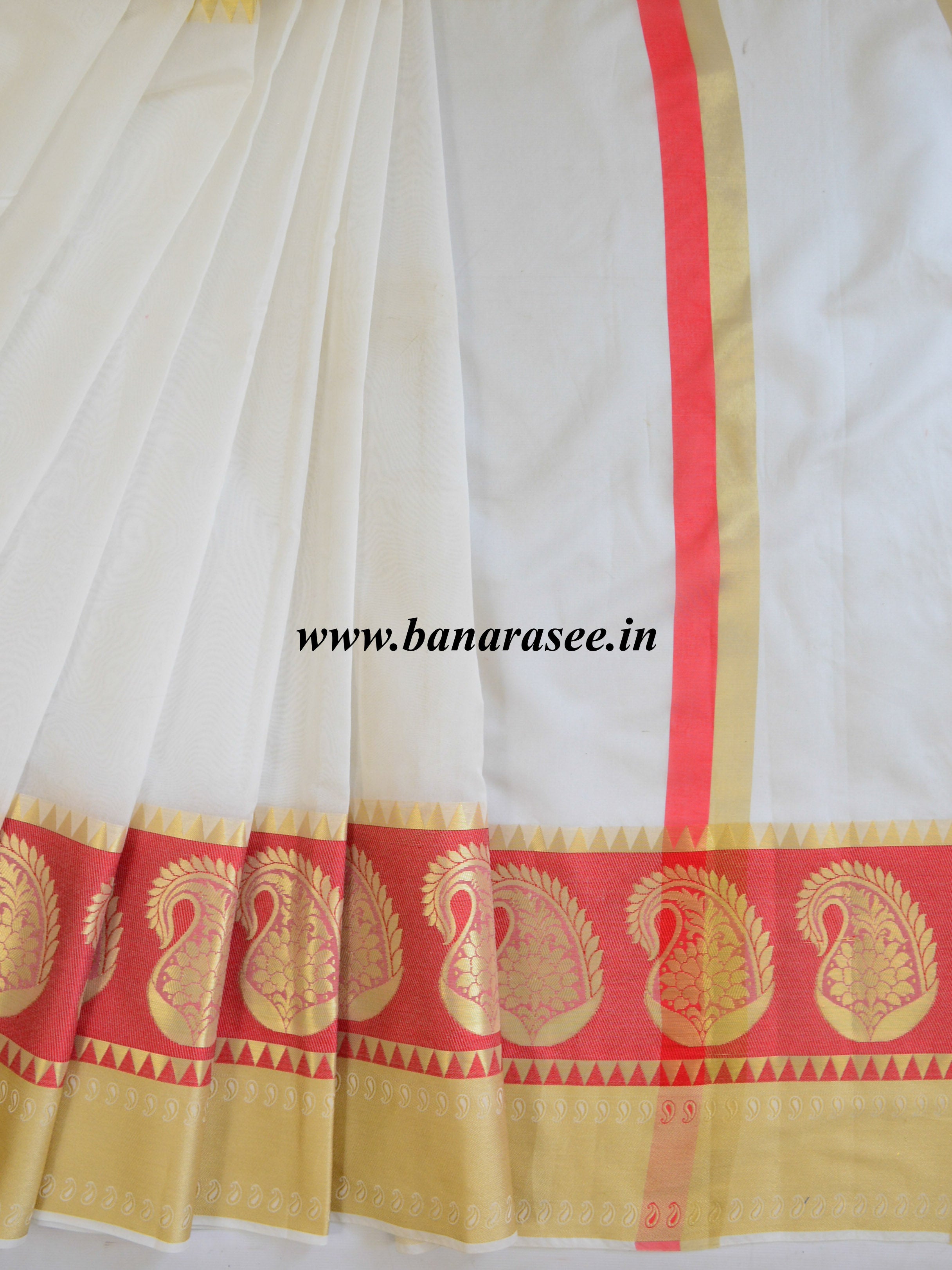 Banarasee Cotton Silk Saree With Plain Body & Paisley Design Border-White