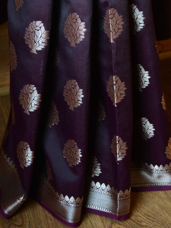 Banarasee Handwoven Semi Silk Saree With Buta Design-Brown