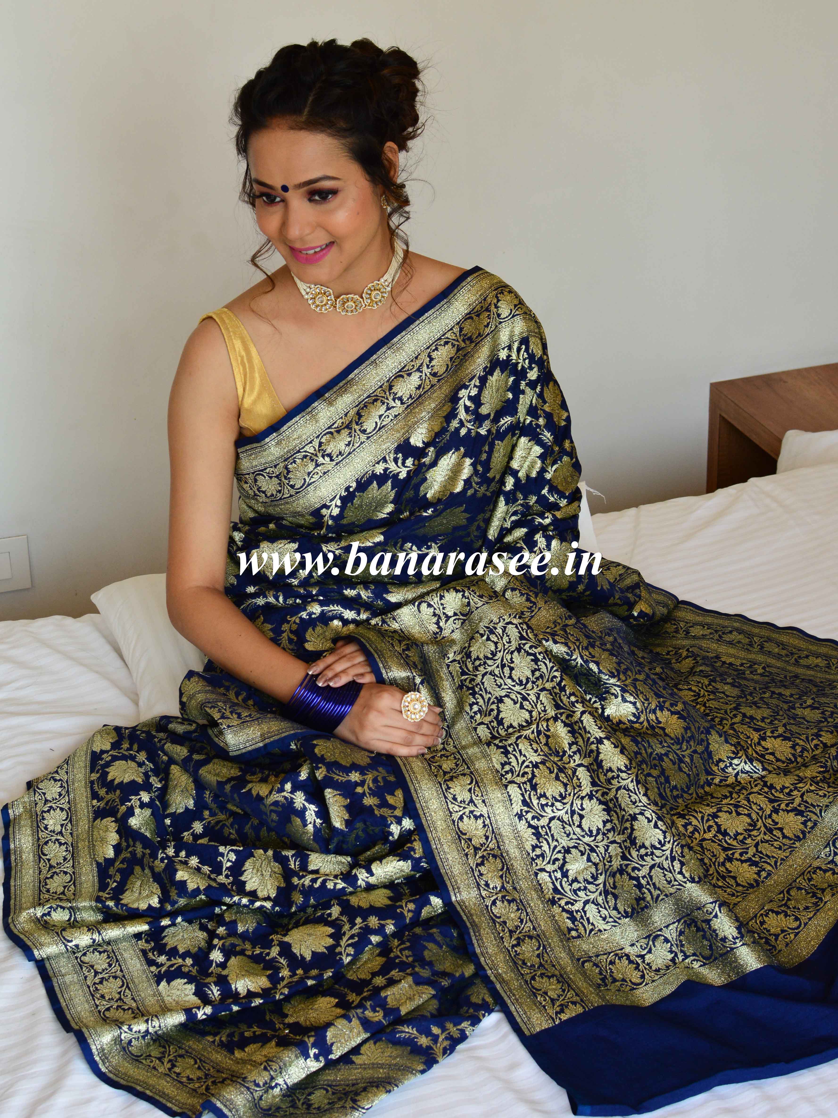 Banarasee Handwoven Art Silk Heavy Zari Jaal Weaving Saree-Blue