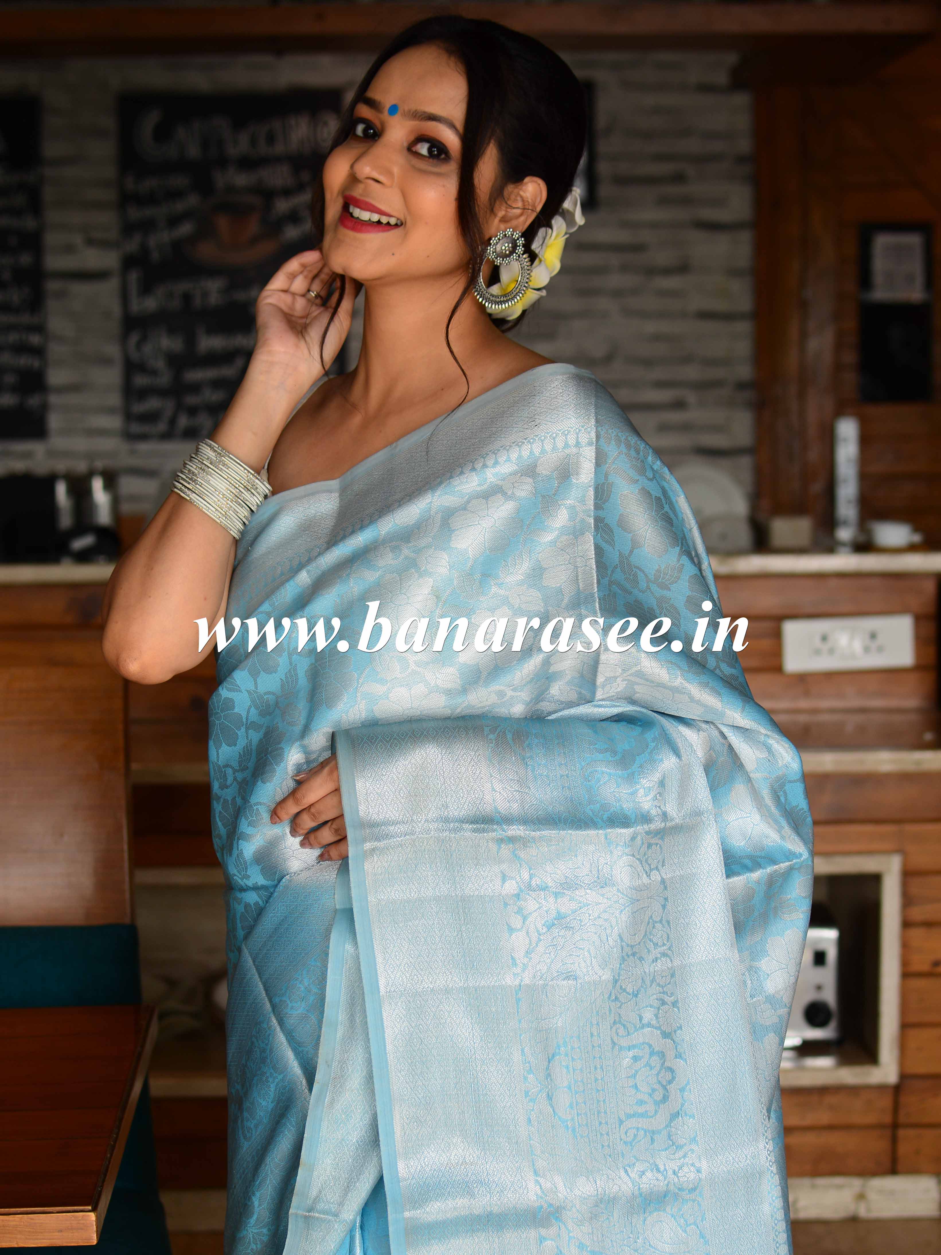 Banarasee Handwoven Semi Silk Saree With Floral Jaal & Broad Border-Blue