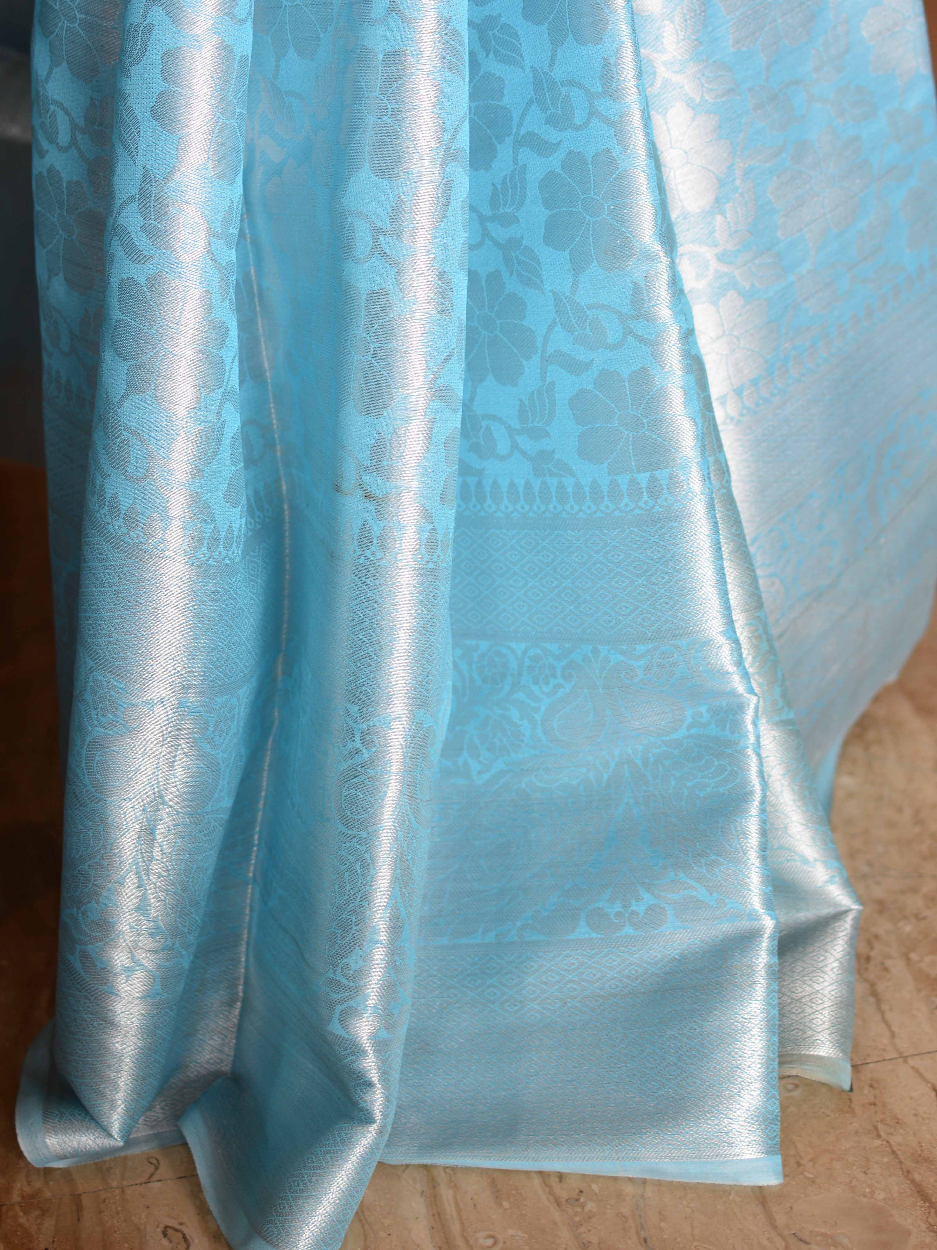 Banarasee Handwoven Semi Silk Saree With Floral Jaal & Broad Border-Blue