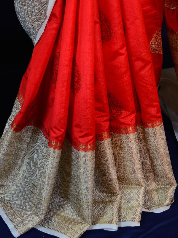 Banarasee Handwoven Semi Silk Saree With Contrast Border-Red