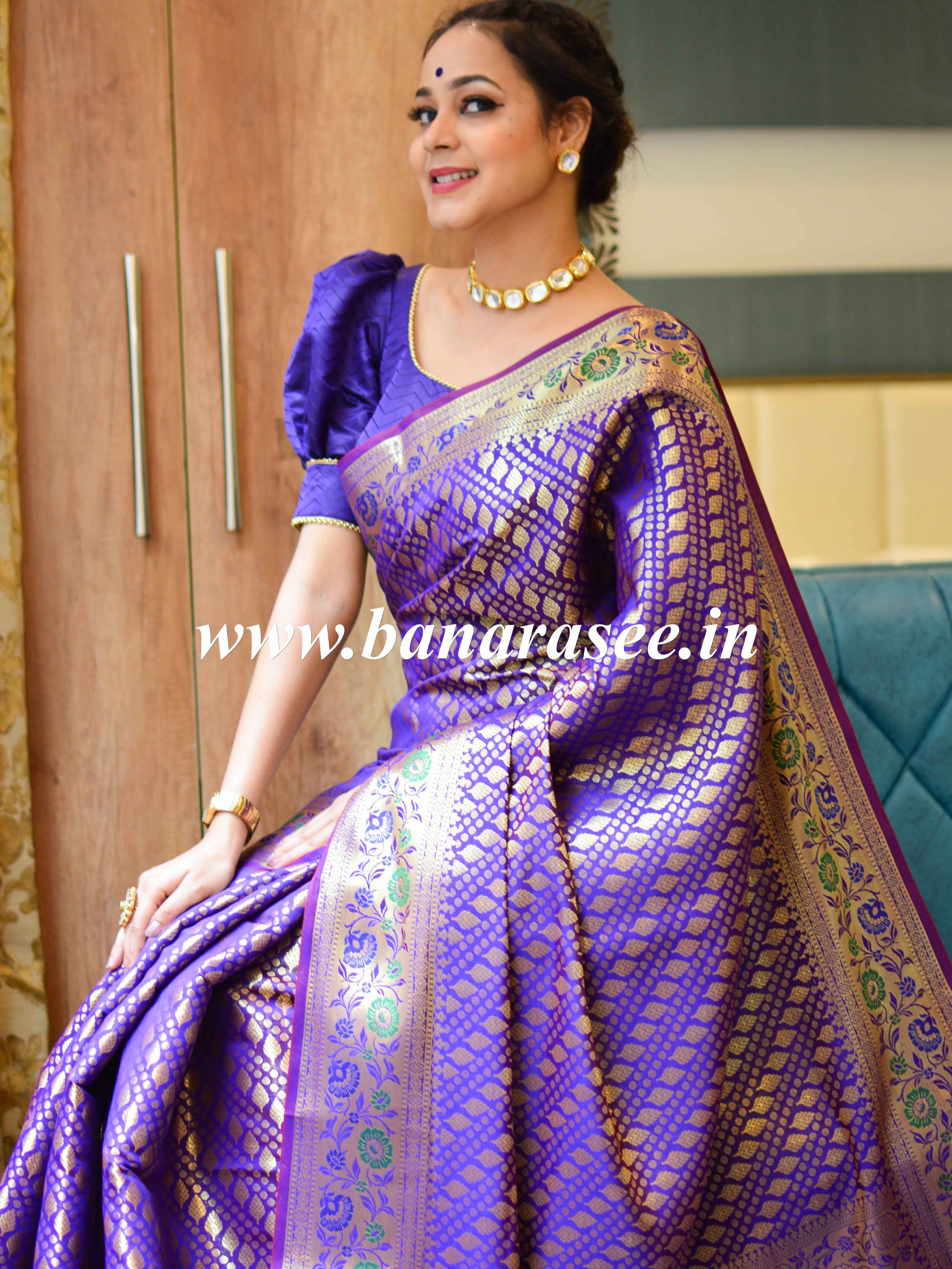 Banarasee Art Silk Saree With Zari Buta & Border-Violet