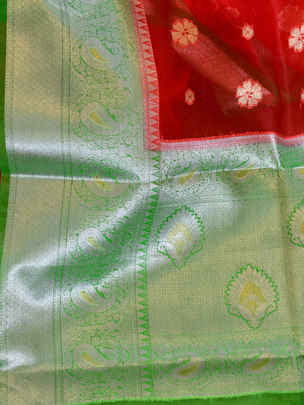 Banarasee Organza Mix Saree With Flower Buta Design & Broad Border-Red & Green