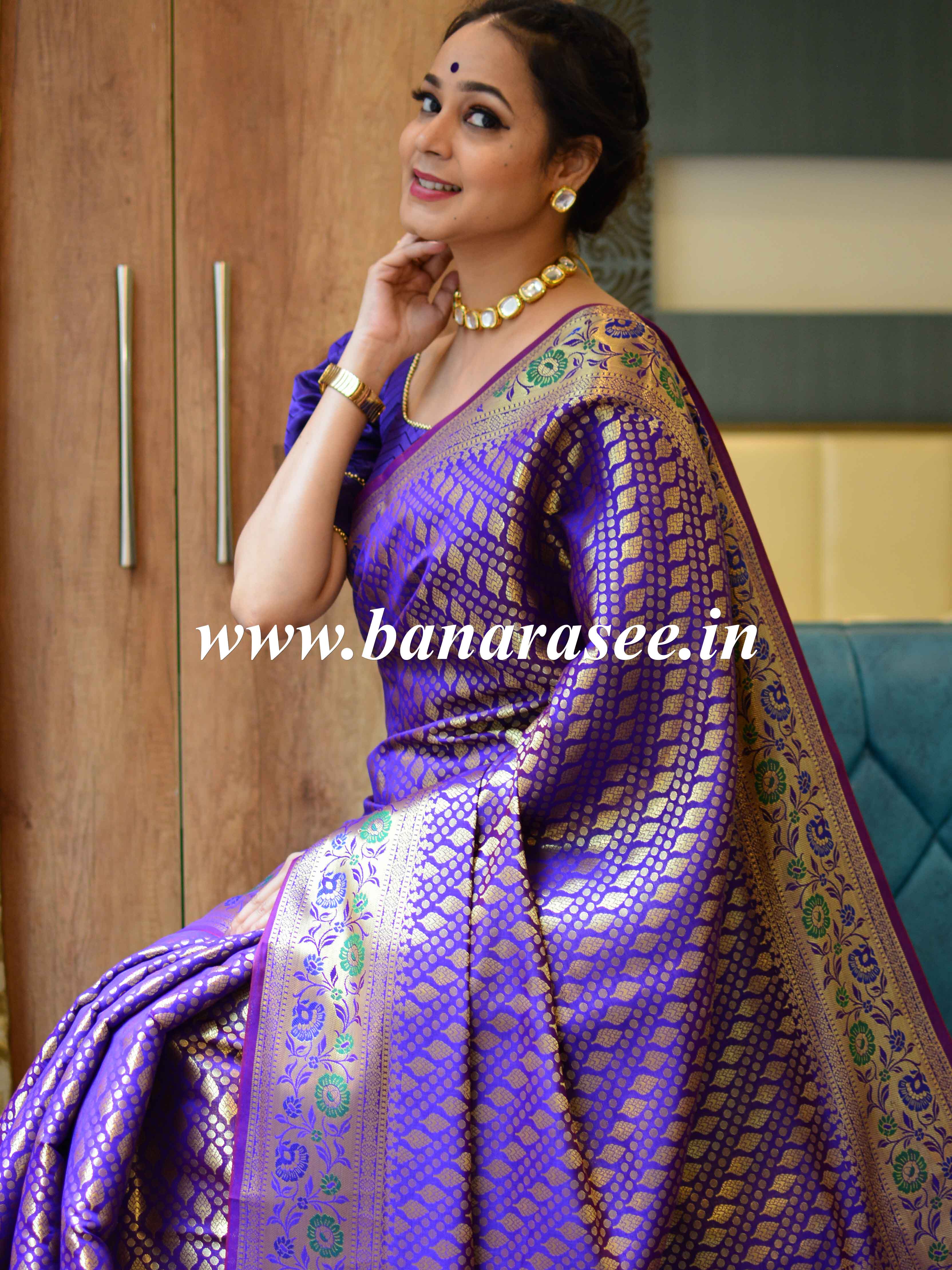 Banarasee Art Silk Saree With Zari Buta & Border-Violet