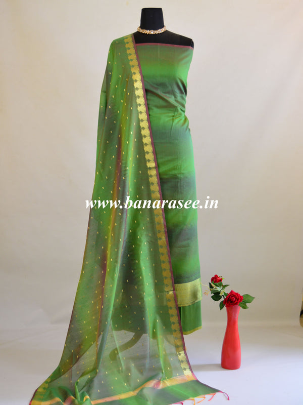 Banarasee Chanderi Cotton Stripes Salwar Kameez  Fabric With Dupatta-Green