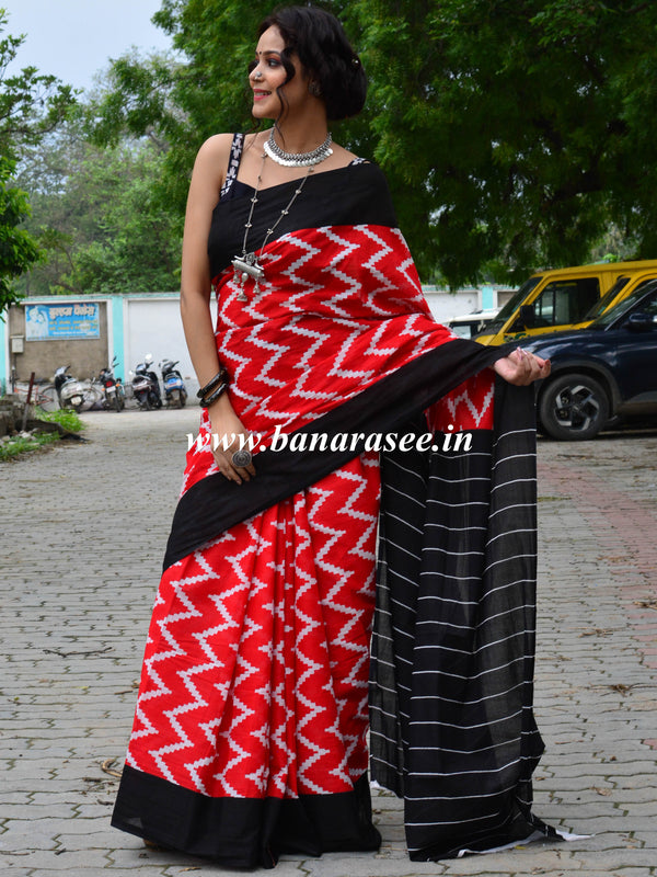 Handloom Mul Cotton Ajrakh Print Saree-Red & Black