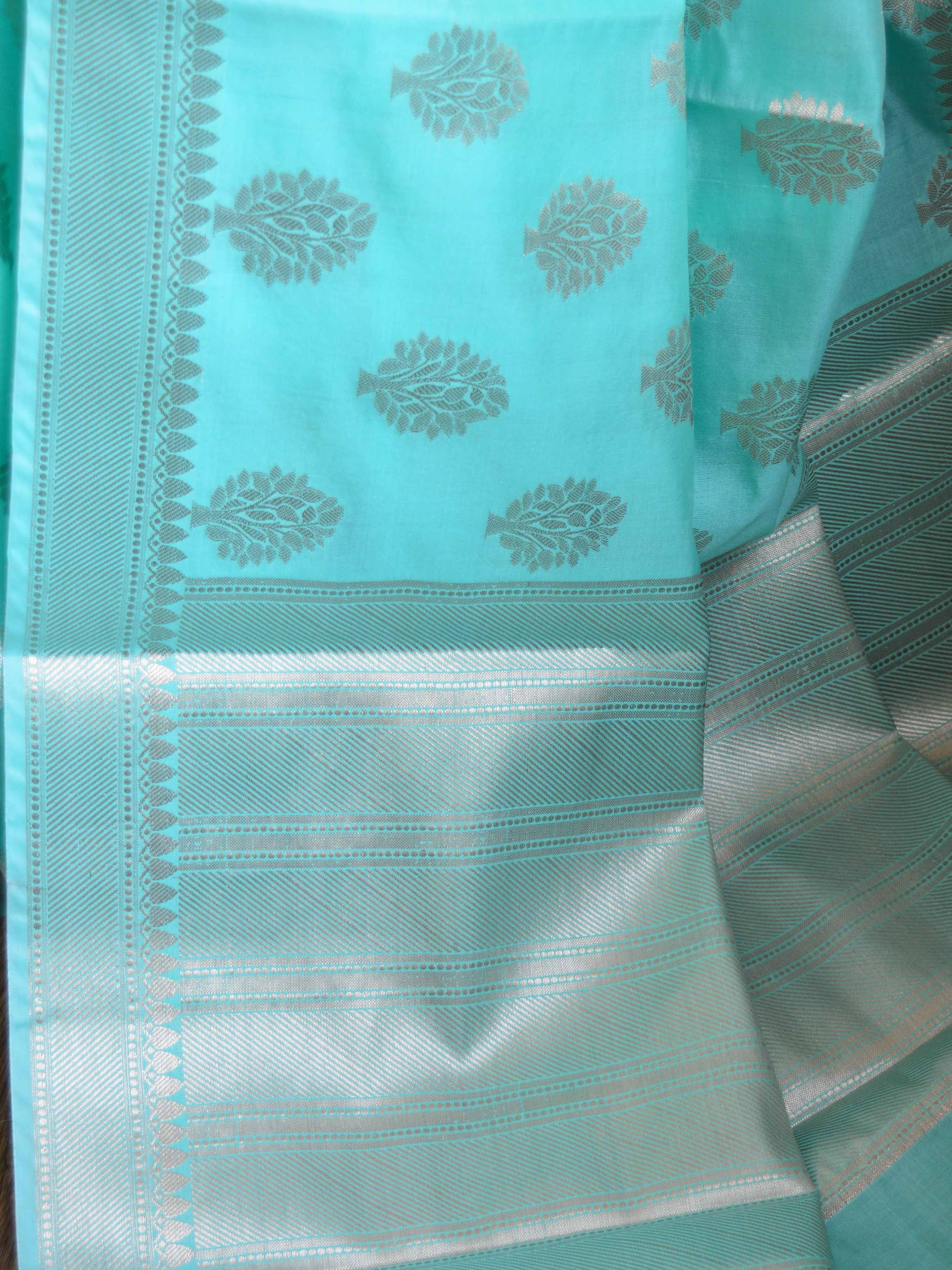 Banarasee Handwoven Semi Silk Saree With Buta Design-Sea Green