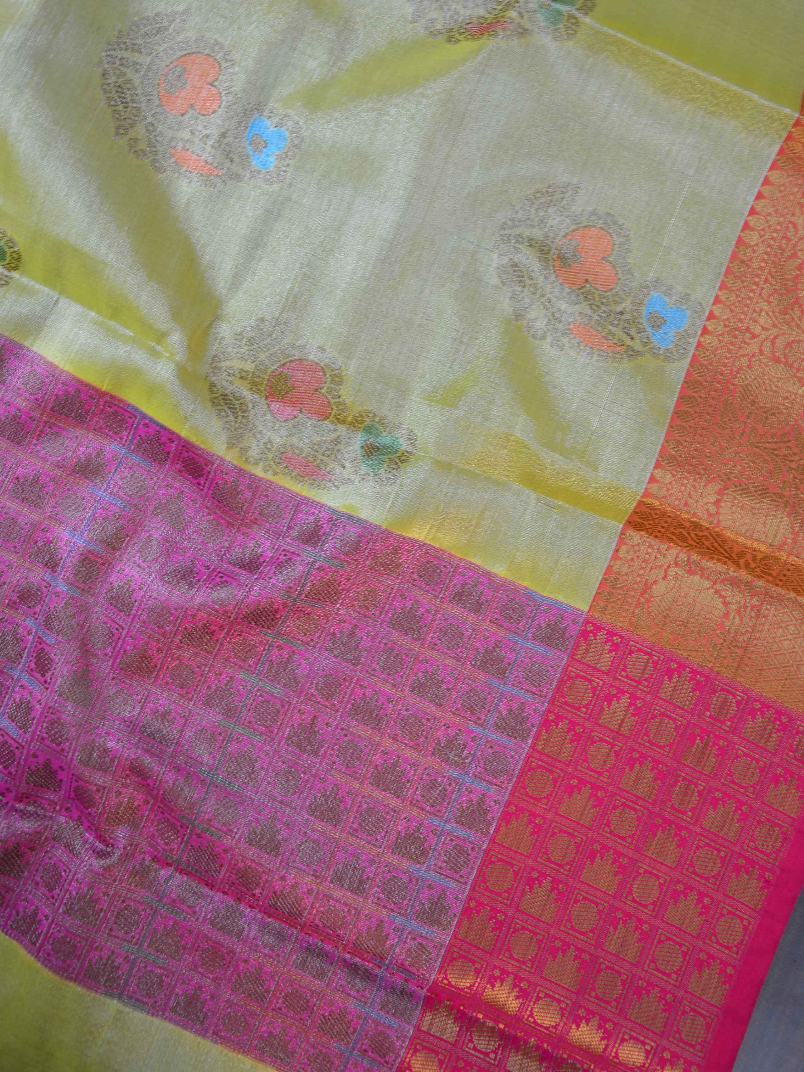 Banarasee Handwoven Tissue Buta Design Saree-Yellow