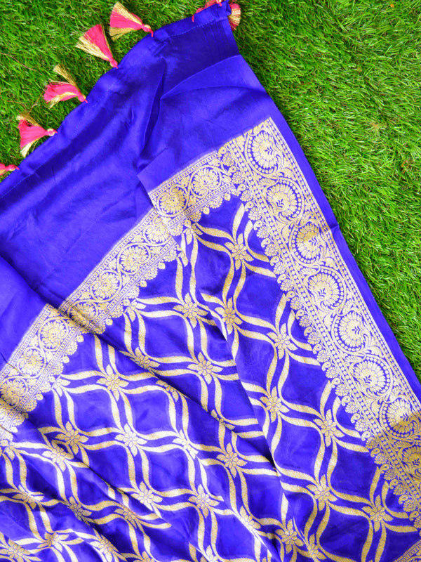 Banarasee Chiffon Zari Jaal Saree-Pink & Blue