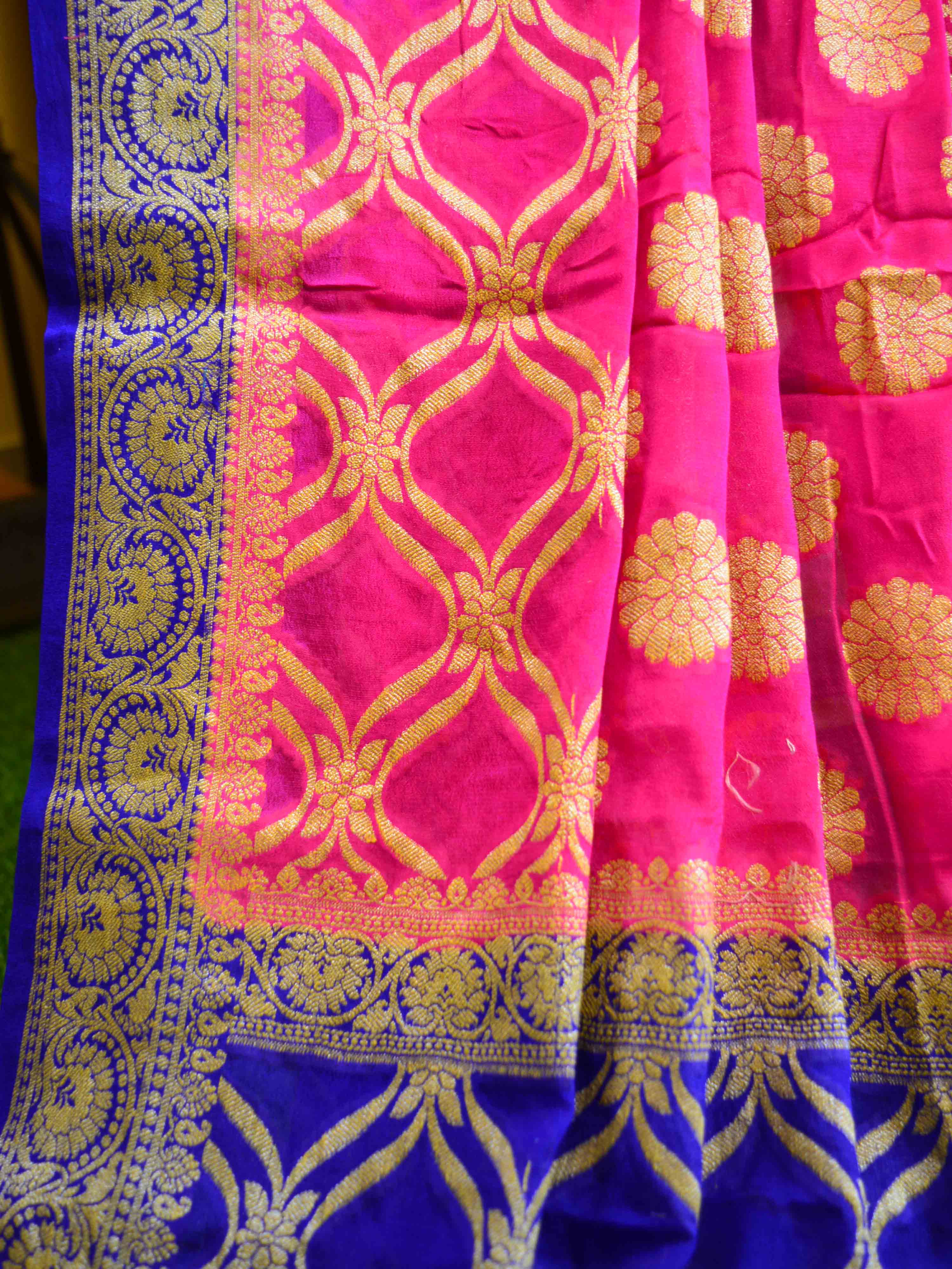 Banarasee Chiffon Zari Jaal Saree-Pink & Blue