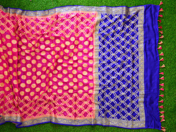 Banarasee Chiffon Zari Jaal Saree-Pink & Blue