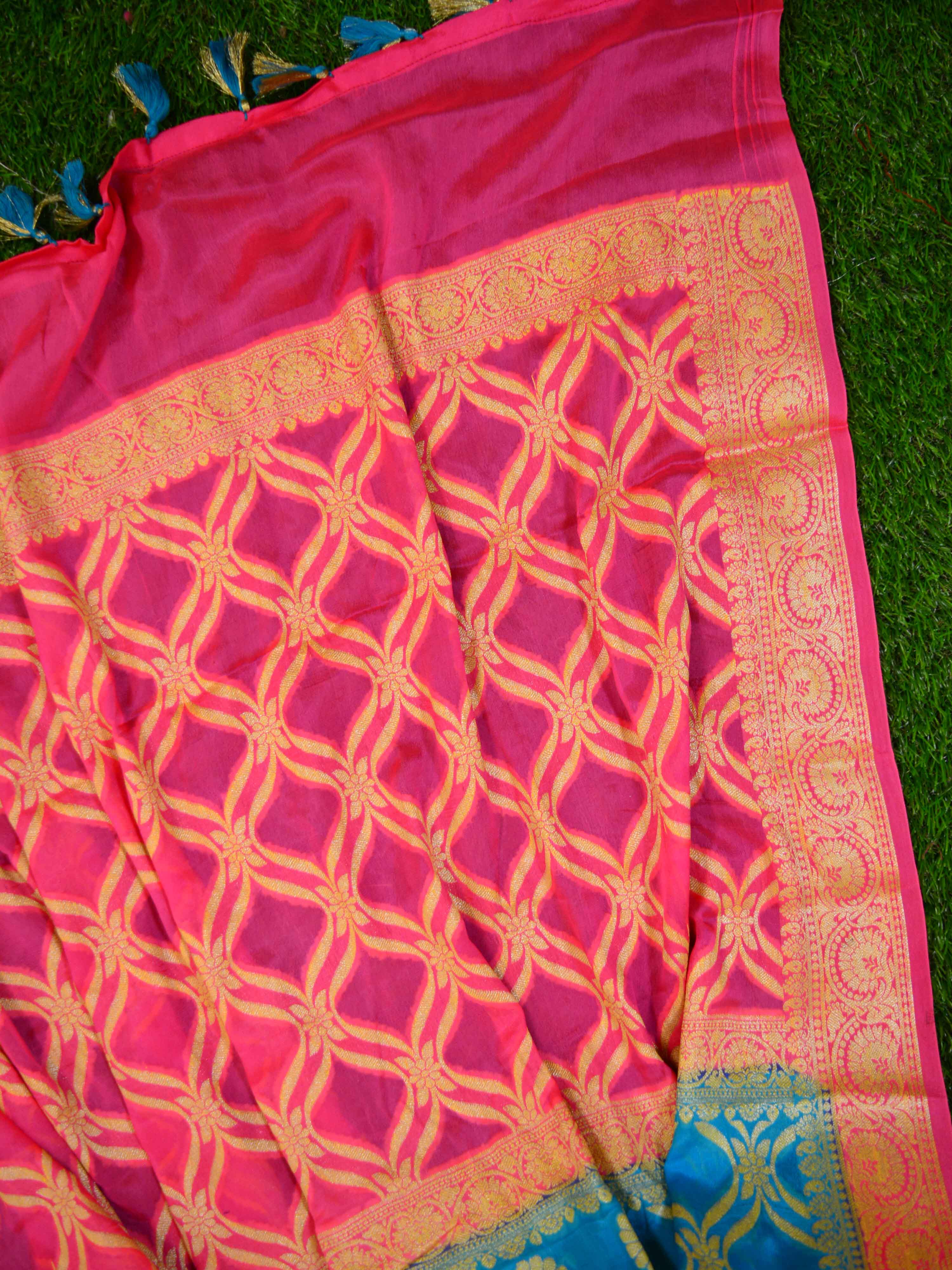 Banarasee Chiffon Zari Jaal Saree-Blue & Pink