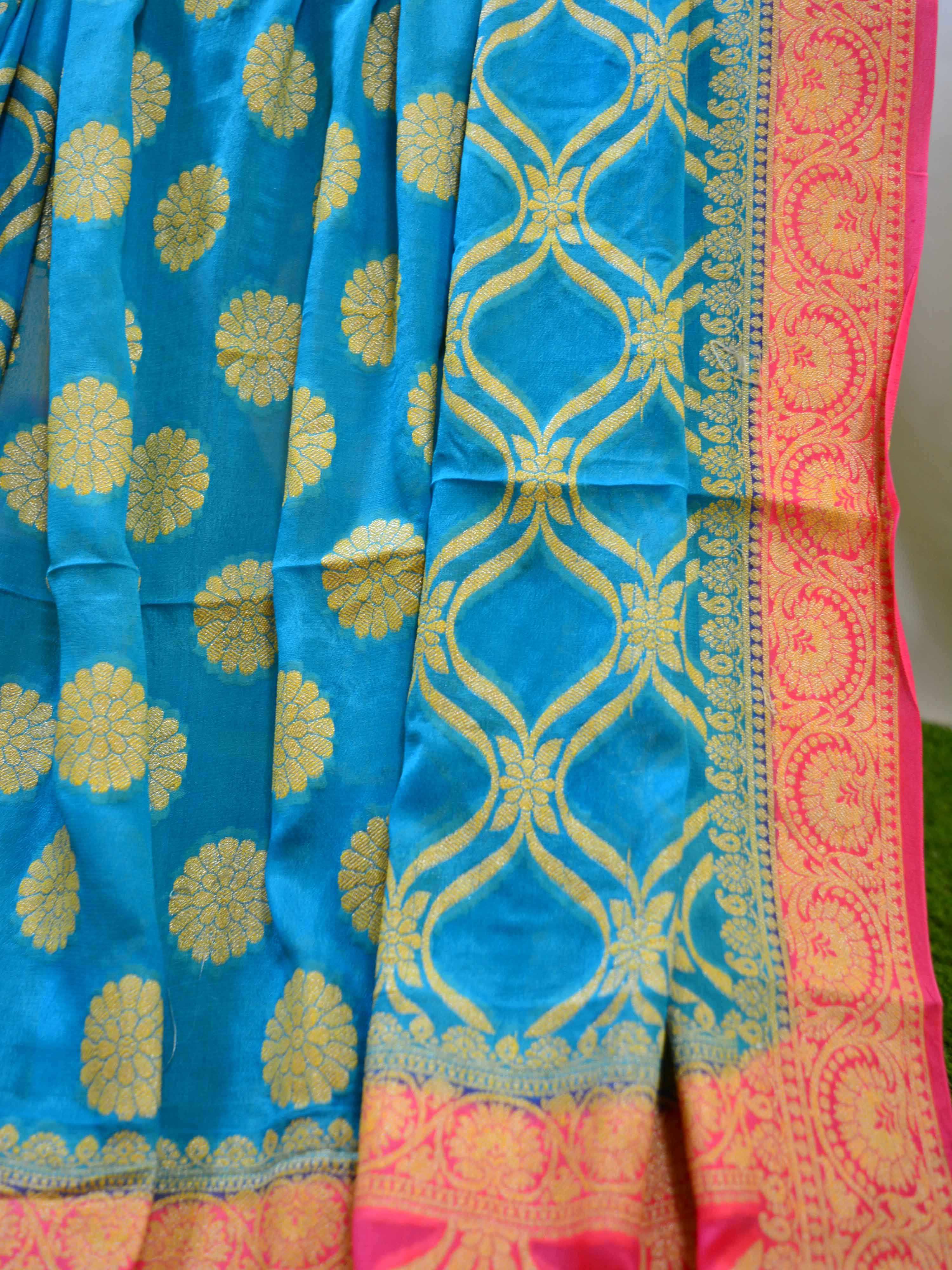 Banarasee Chiffon Zari Jaal Saree-Blue & Pink