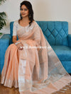 Banarasee Handloom Linen Mix Silver Zari Border Saree-Peach