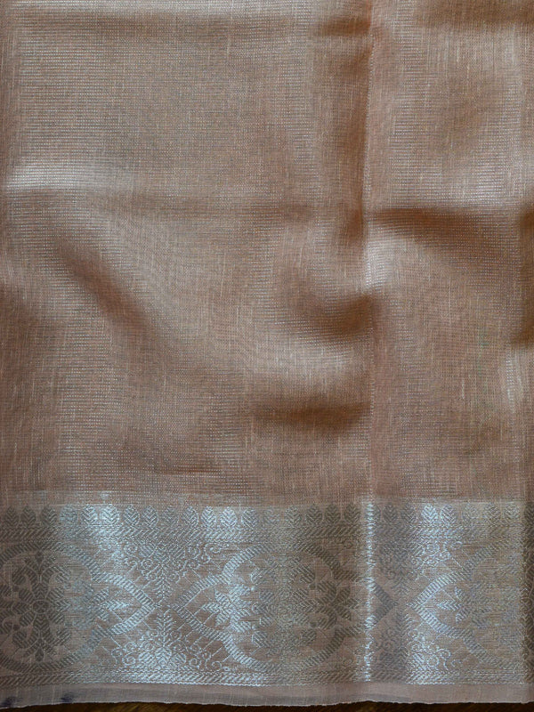 Banarasee Handloom Linen Mix Silver Zari Border Saree-Peach