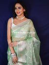 Banarasee Organza Mix Saree With Silver Zari Jaal Design & Border-Green