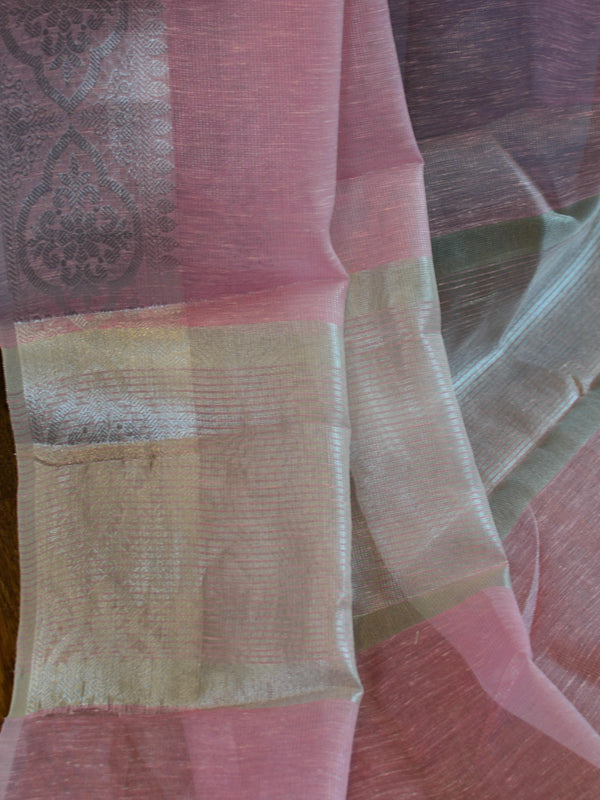 Banarasee Handloom Linen Mix Silver Zari Border Saree-Pink