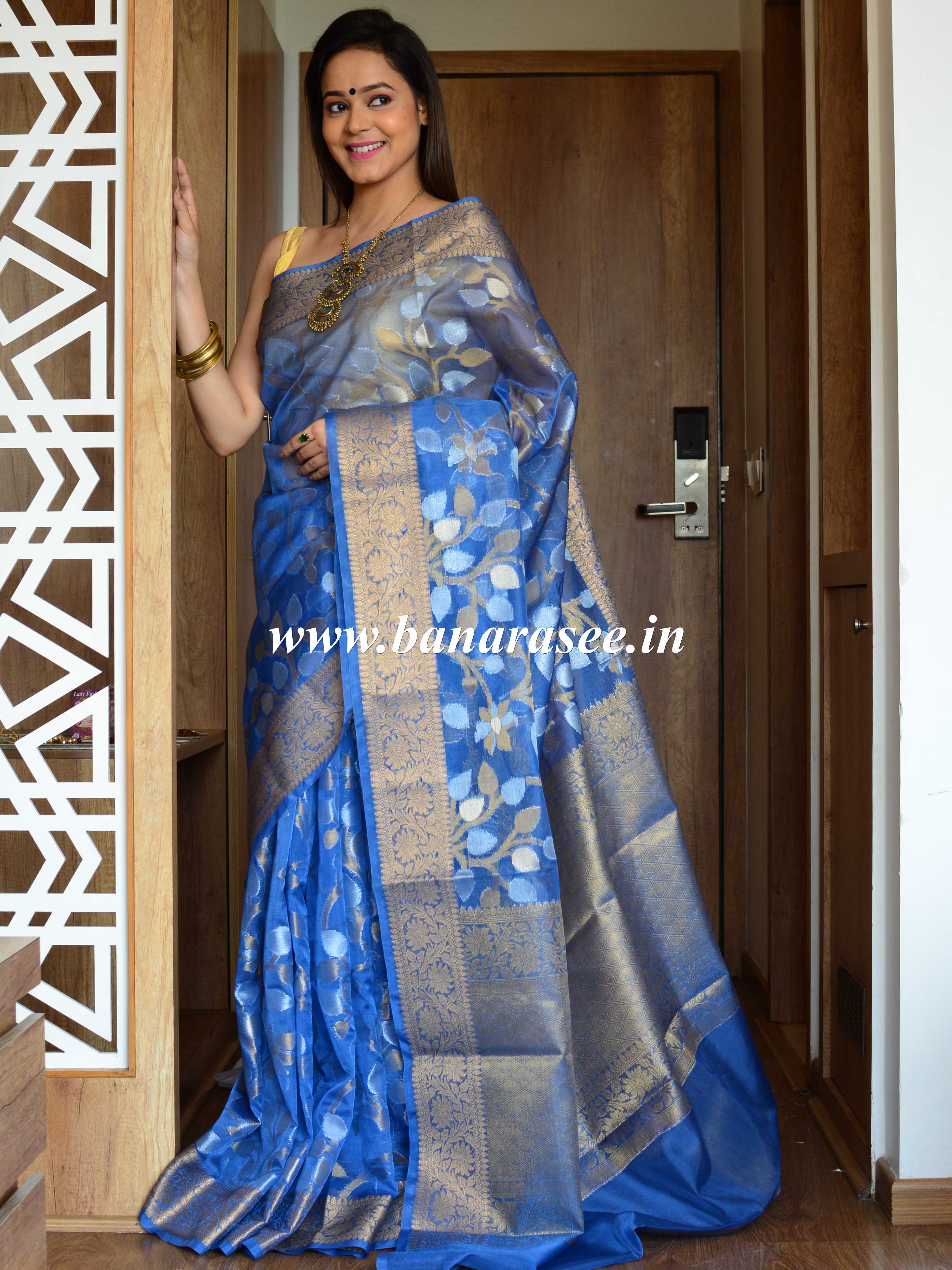 Banarasee Organza Mix Saree With Sona Rupa Rupa Jaal Design-Blue