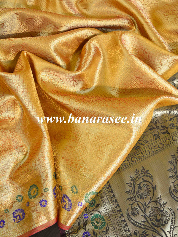 Banarasee Art Silk Saree With Meena Floral Border & Self Weaving Work-Gold