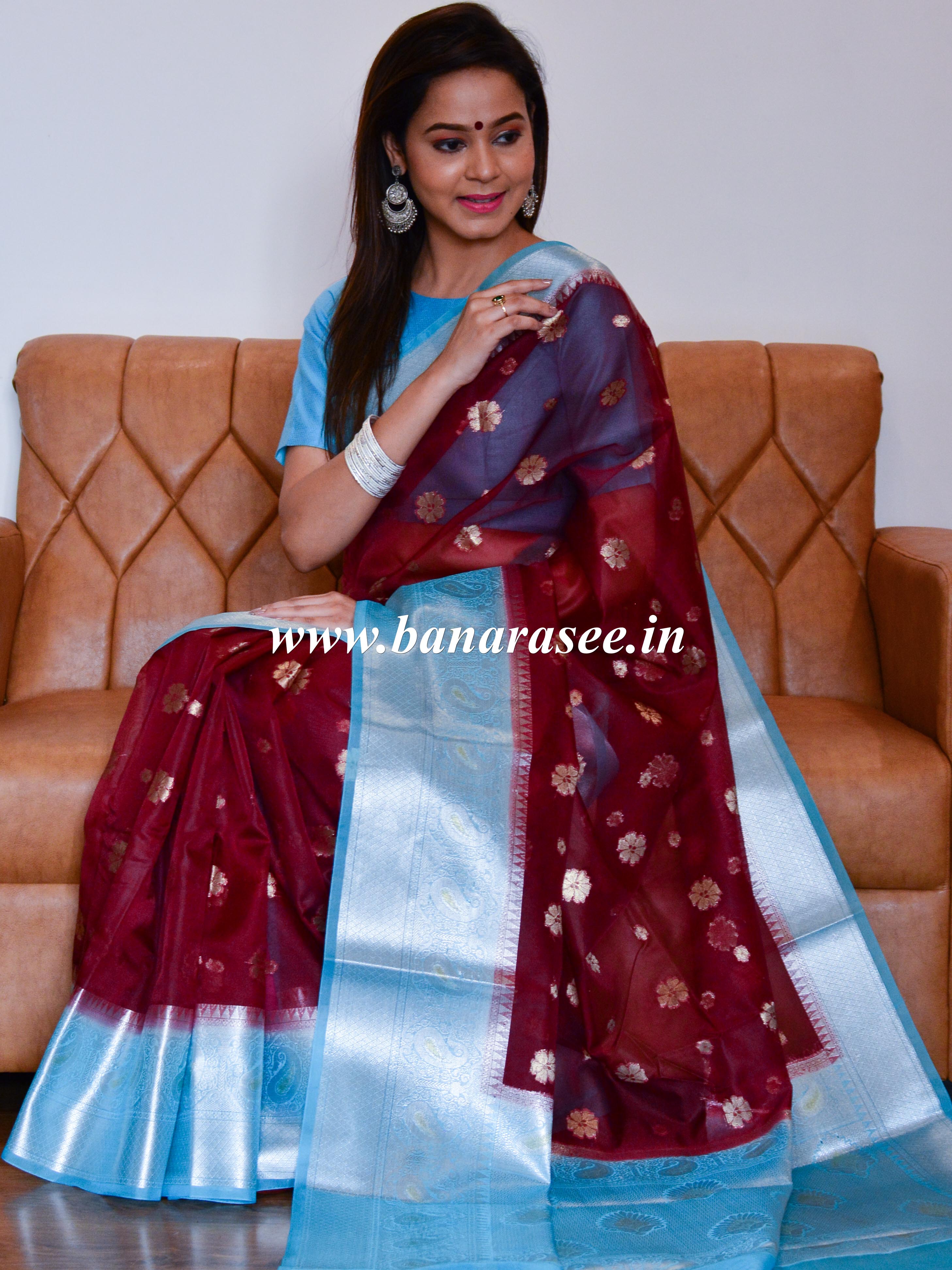 Banarasee Organza Mix Saree With Flower Buta Design & Broad Border-Maroon & Blue