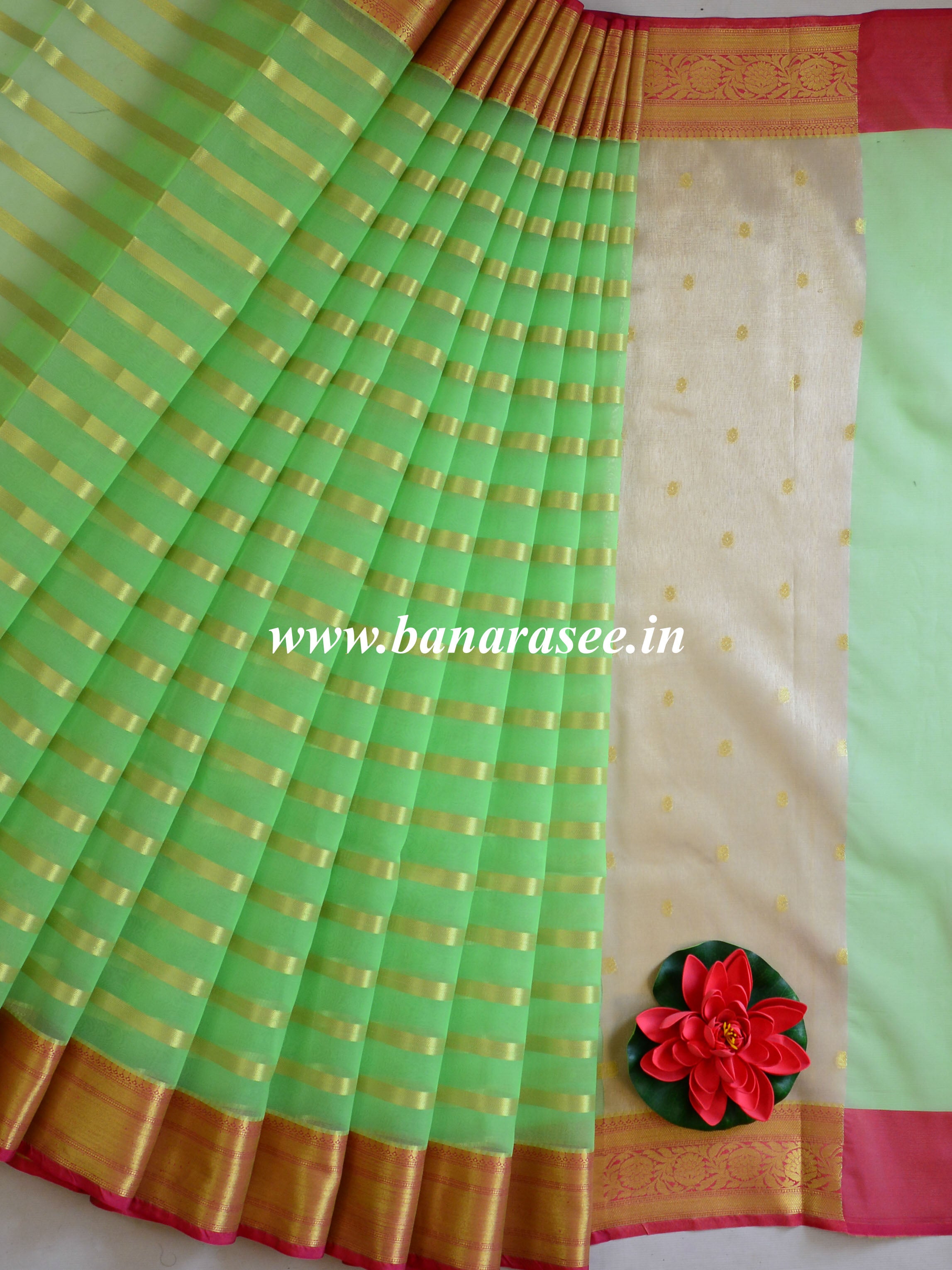 Banarasee Organza Mix Saree With Stripes Design & Zari Border-Green