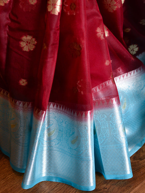 Banarasee Organza Mix Saree With Flower Buta Design & Broad Border-Maroon & Blue