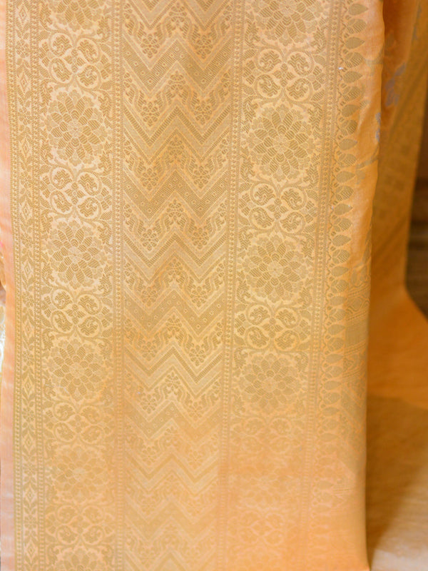 Banarasee Handwoven Semi-Chiffon Saree With Silver Jaal Design-Peach