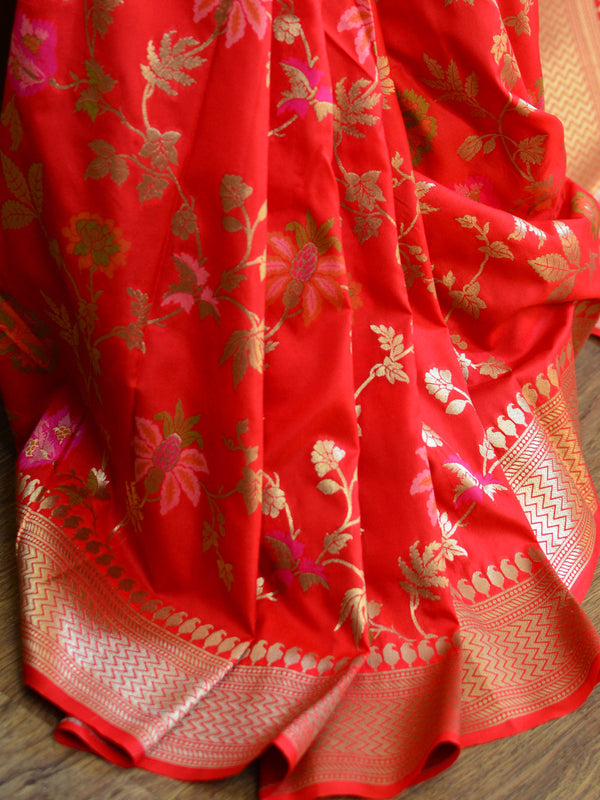 Banarasee Pure Silk Saree With Floral Design-Red