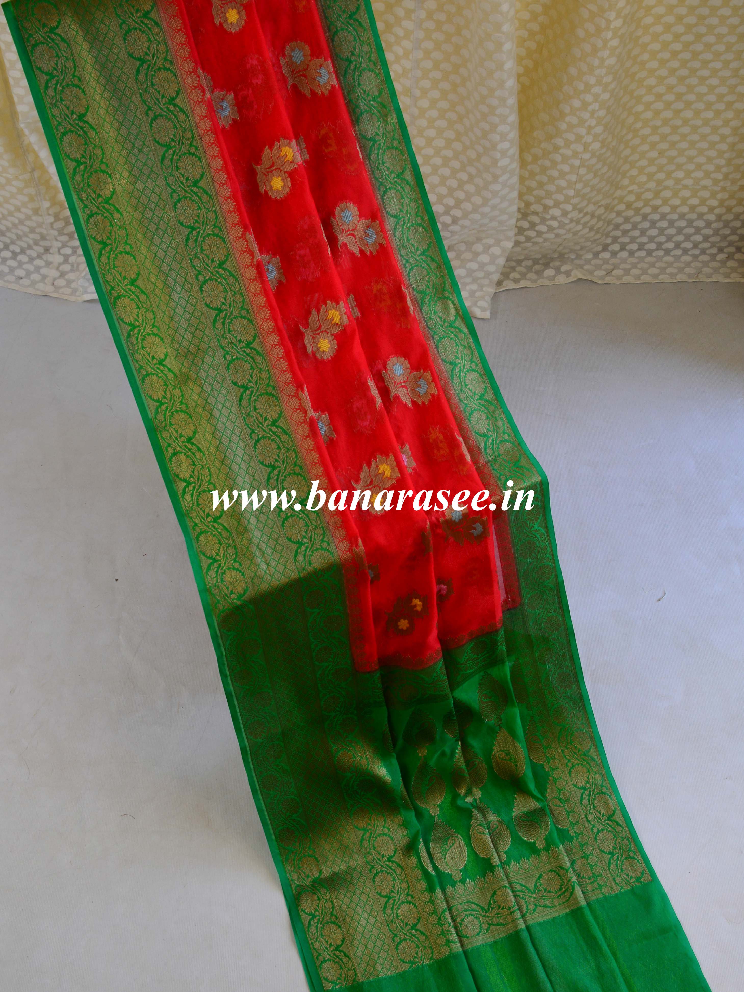 Banarasee Handwoven Semi Silk Saree With Antique Zari Buta Design-Red & Green