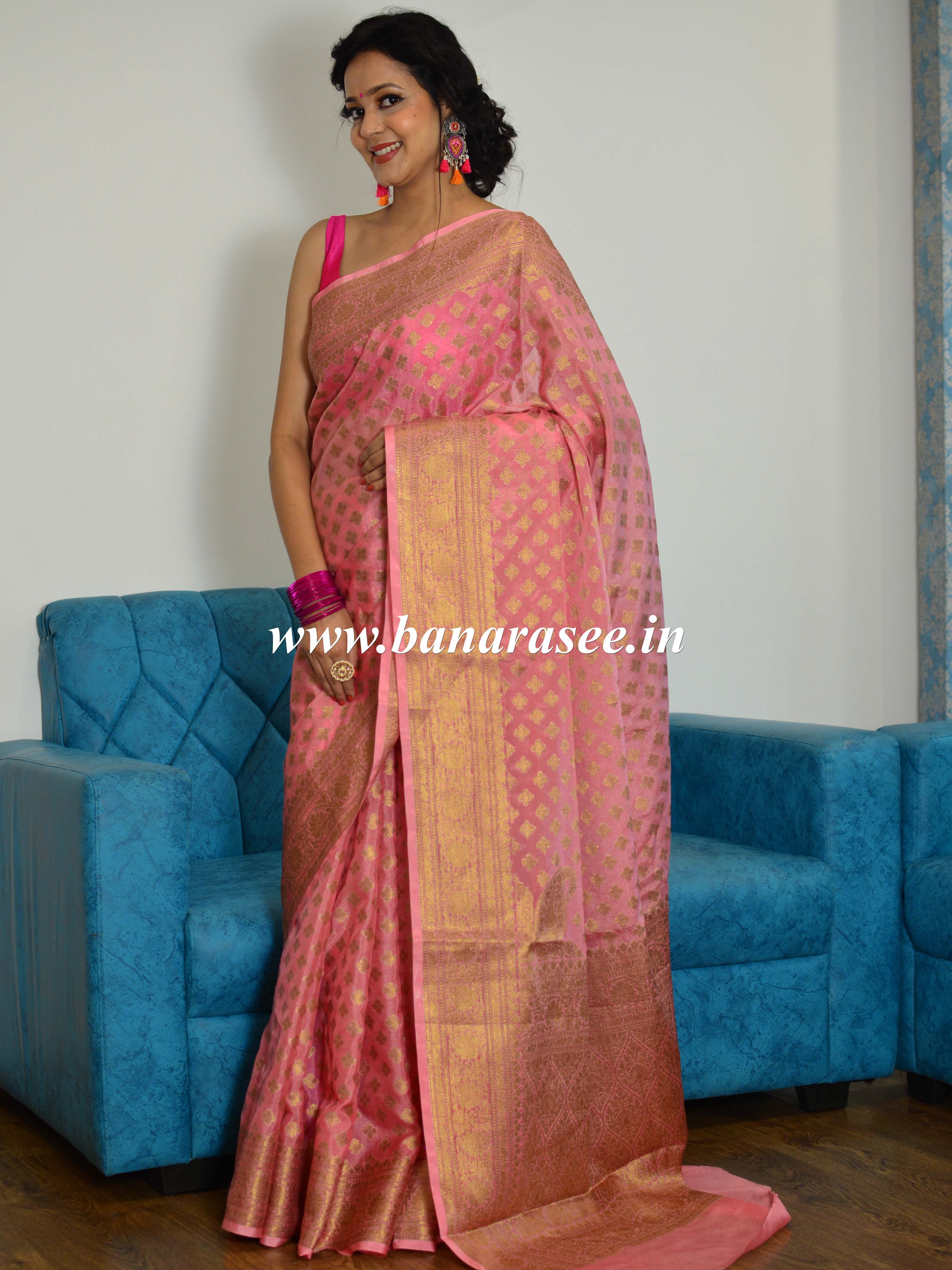 Banarasee Semi Silk Saree With Antique Zari Buti-Rose Pink