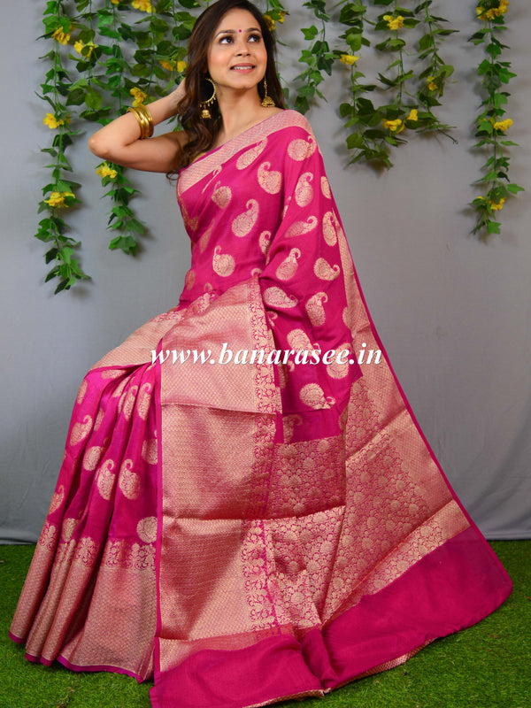 Banarasee Semi Silk Saree With Paisley Buti & Floral Pallu Design-Pink