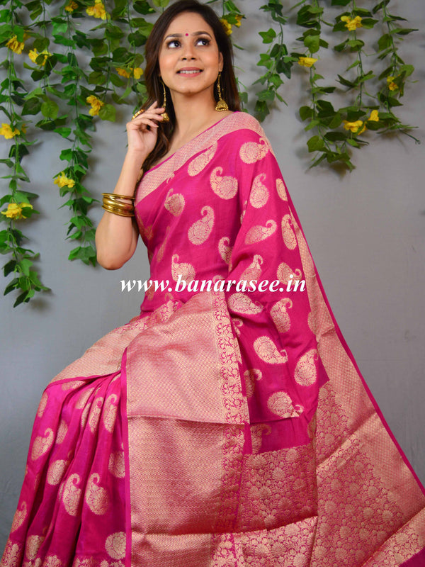 Banarasee Semi Silk Saree With Paisley Buti & Floral Pallu Design-Pink