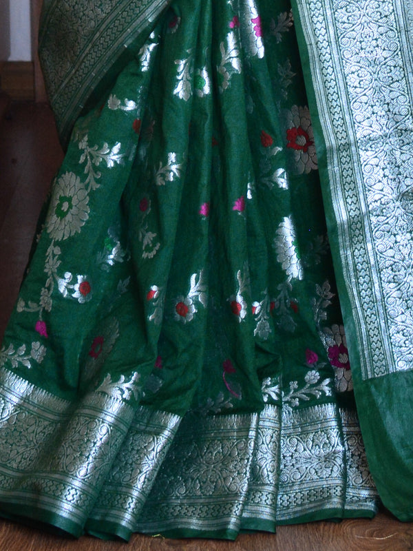 Banarasee Handwoven Semi Silk Saree With Jaal & Zari Border Design-Green