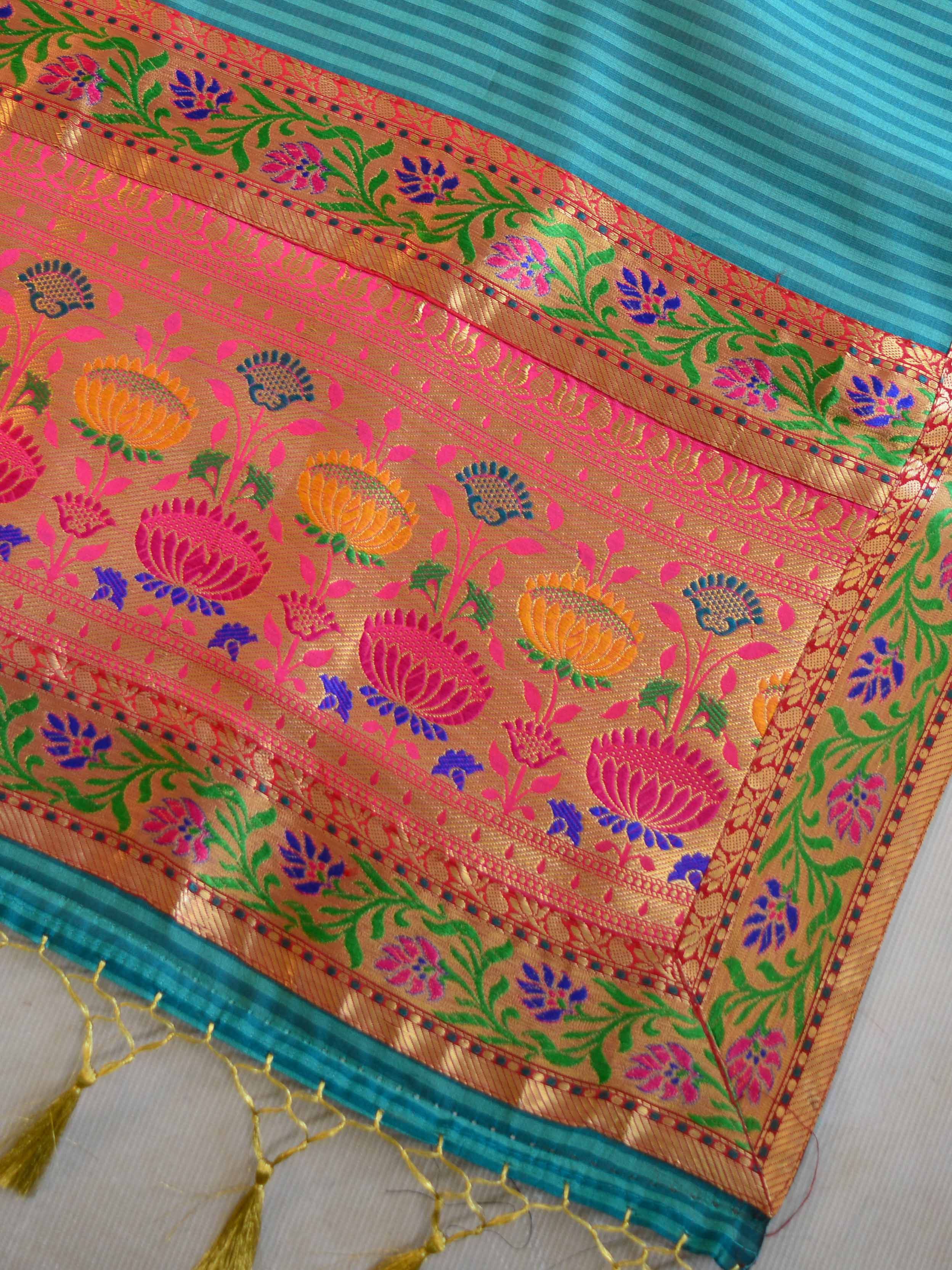 Banarasee Cotton Silk Mix Saree with Broad Paithani Border-Teal