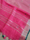 Banarasee Handloom Pure Linen Saree With Mirror Work-Pink & Green