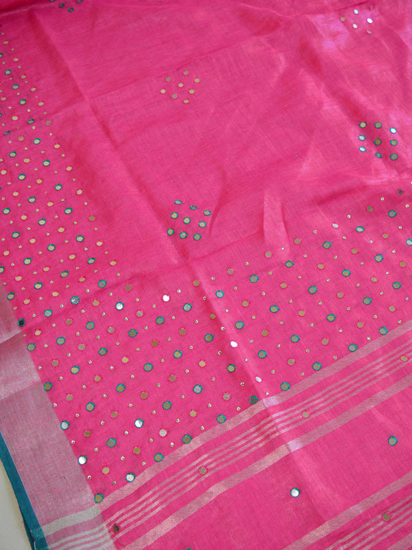 Banarasee Handloom Pure Linen Saree With Mirror Work-Pink & Green