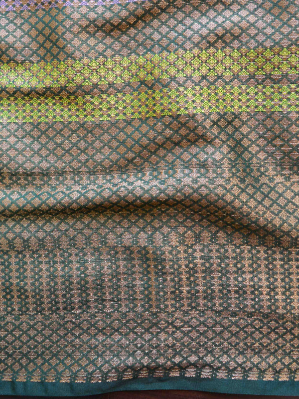 Banarasee Handwoven Semi Silk Saree With Zari Buta Design-Peach & Green