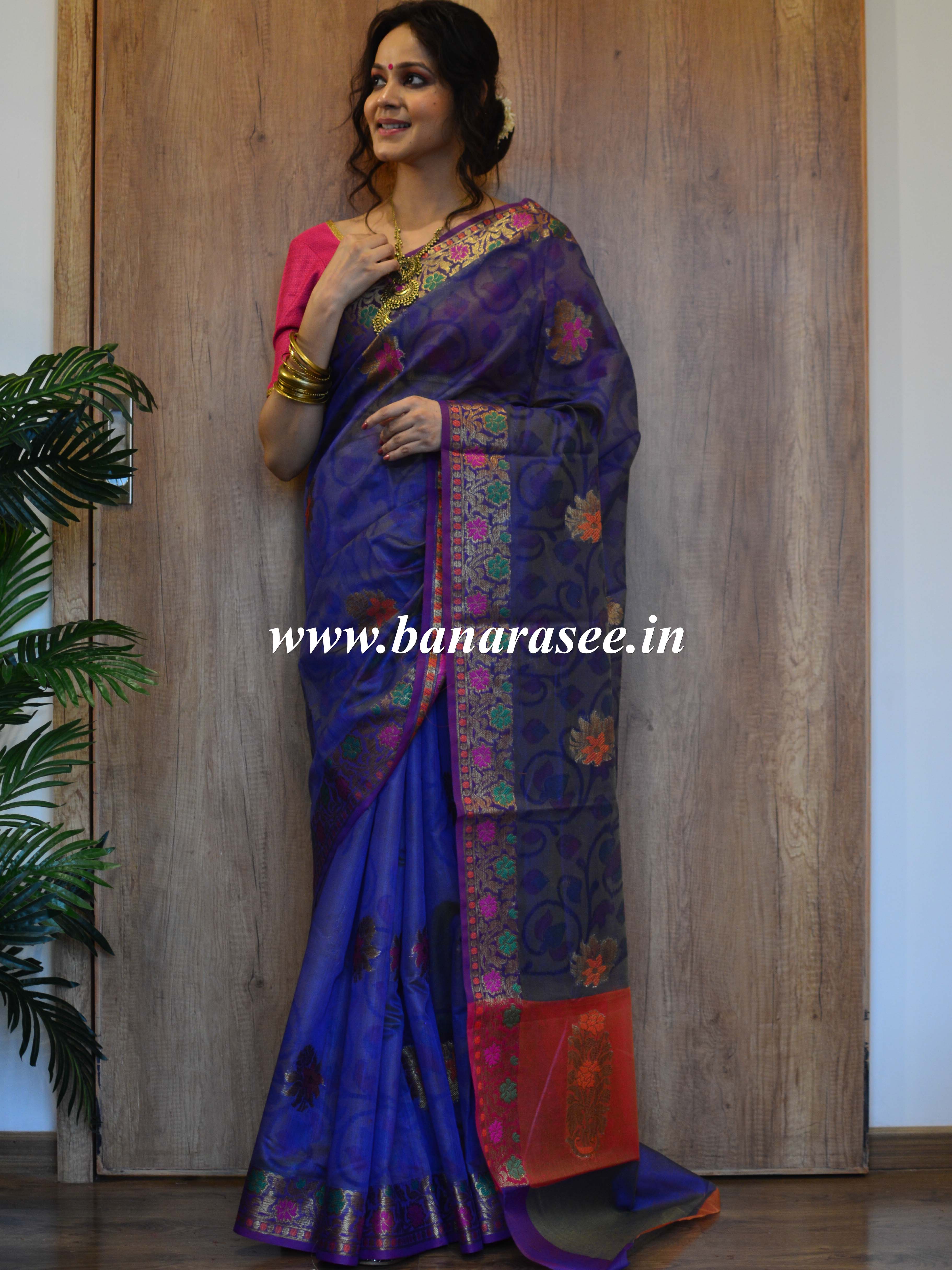 Banarasee Cotton Silk Mix Saree With Hand Printed Floral Design & Zari Border-Blue