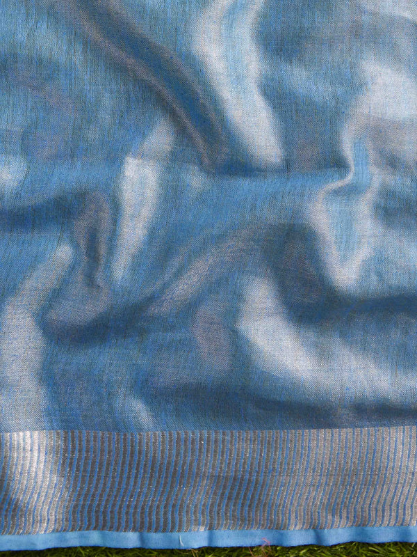 Banarasee Handloom Pure Linen By Tissue Embroidered Saree-Blue