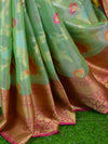 Banarasee Handwoven Tissue Jaal Work Saree With Contrast Border-Green