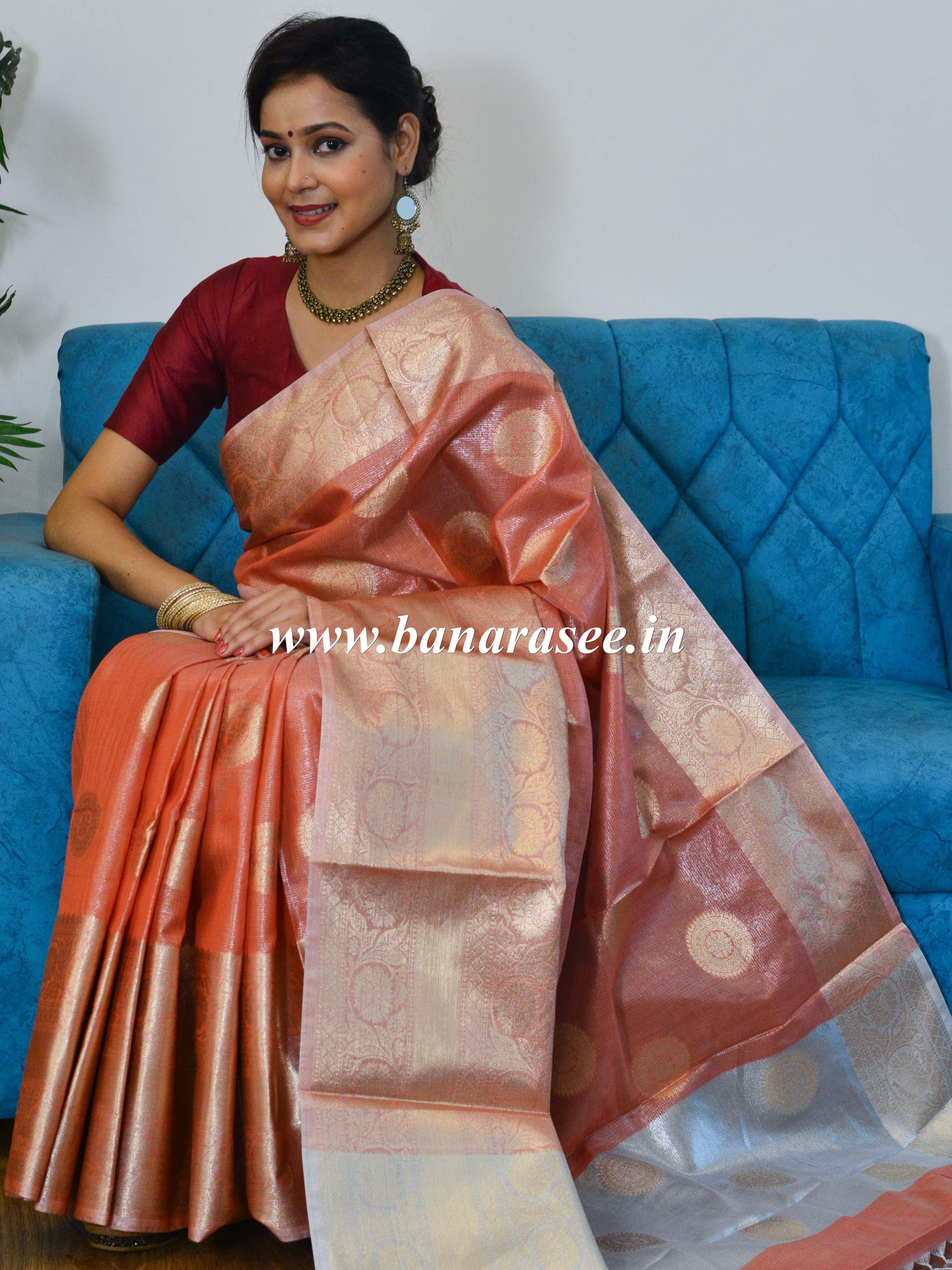 Banarasee Handwoven Broad Border Silver Zari Buta Design Tissue Saree-Peach