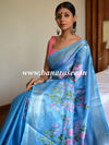 Banarasee Handloom Pure Linen By Tissue Embroidered Saree-Blue