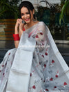 Banarasee Handwoven Broad Border Tissue Saree With Embroidered Floral Buta-Silver